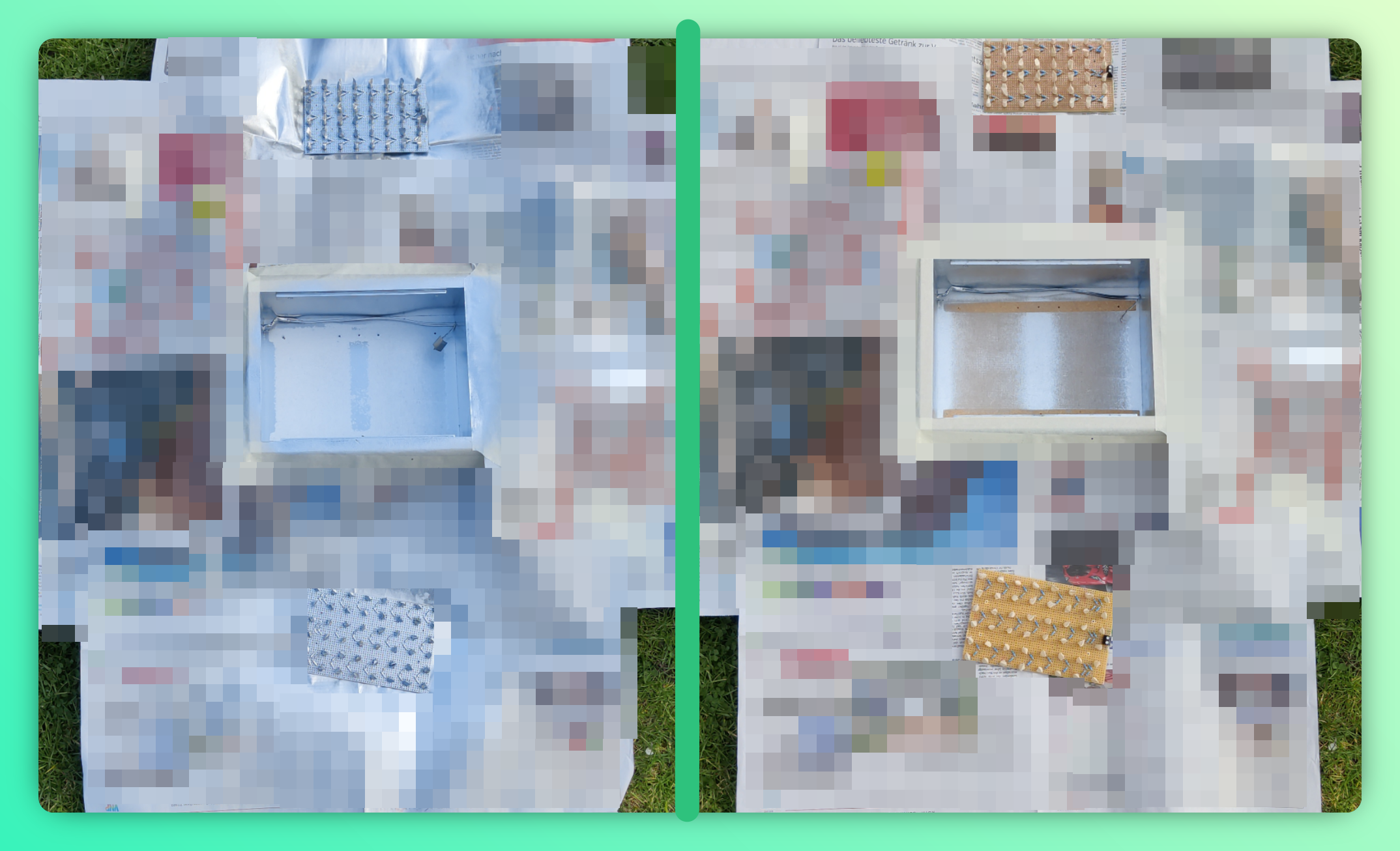 Vorher-Nachher-Bild der Lackierung der Trägerplatinen und des Innenraums des Belichters