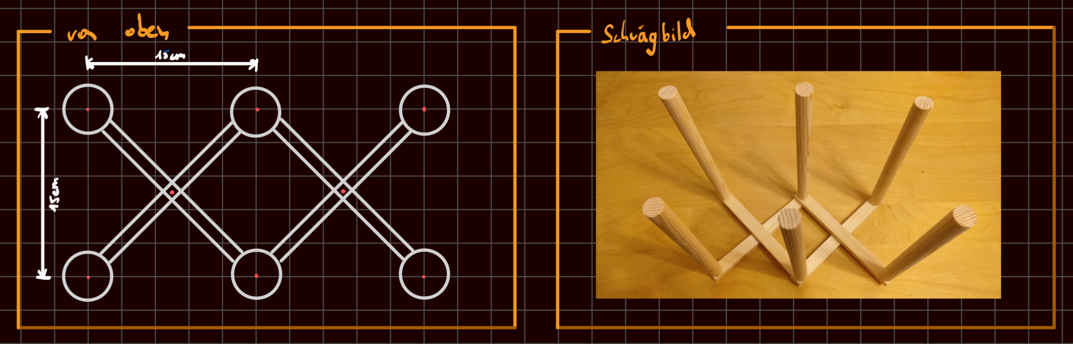 Skizze eines Designs mit vier Schenkeln, von denen jeweils zwei in der Mitte zu einem X verbunden sind, und diese X-Formen sind an den Schenkelenden miteinander verbunden - an jedem der 6 Enden befinden sich Stangen, um die Flaschen aufzunehmen